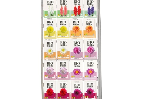 Sīpolpuķu maisījums BIO Flower Bulbs (stends + 120 pakas)